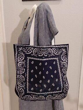 Navy Bandana Print Tote Bag w/ White Handles